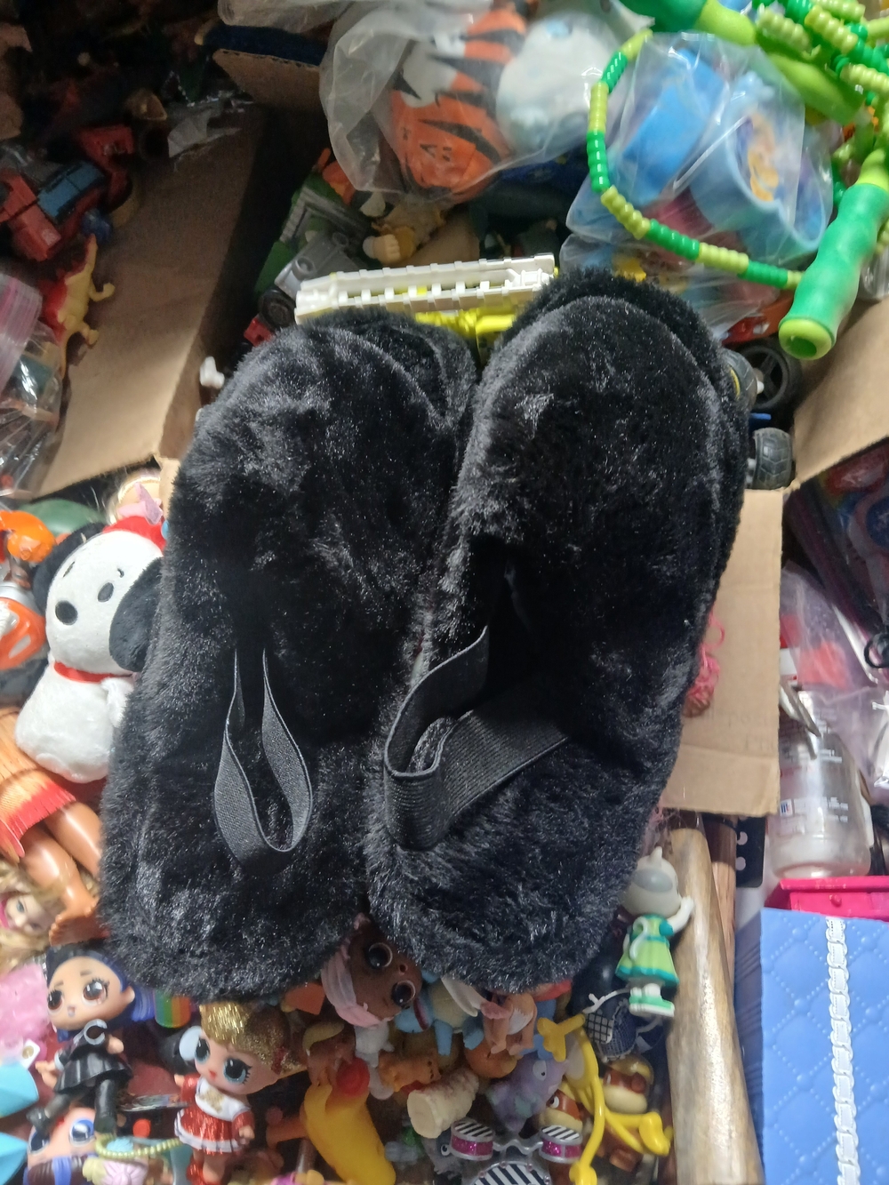 black faux-fur slide slippers  convenient elastic back strap. Usa Size 10